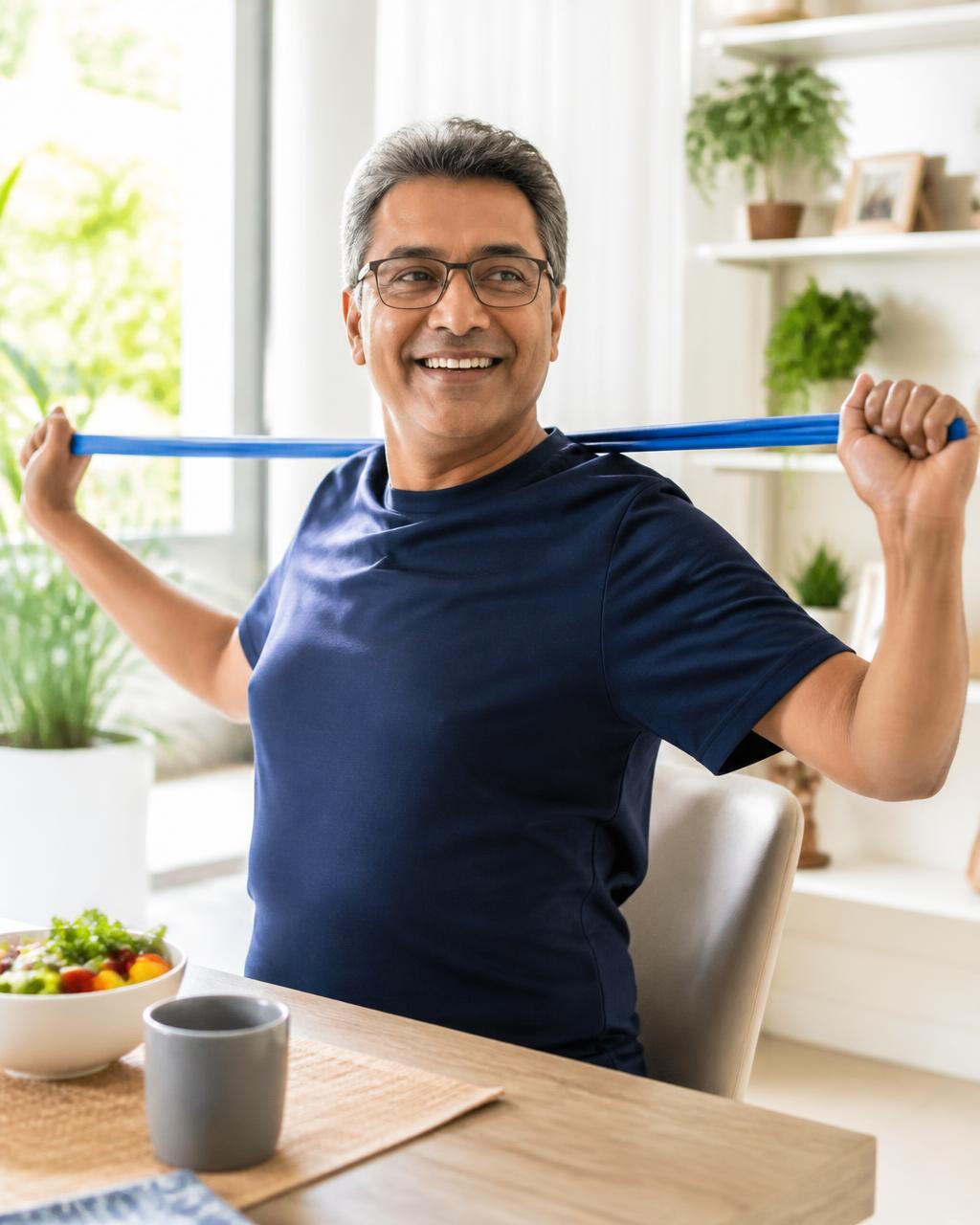 A man seated at his kitchen table smiles as he exercises with a blue resistance band.