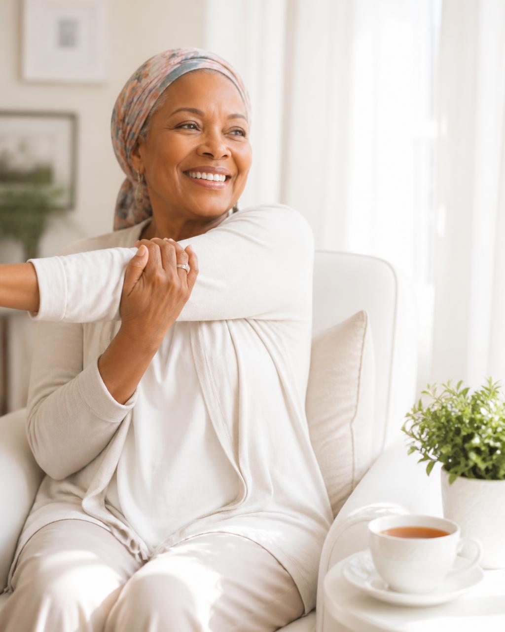 A woman wearing a patterned headscarf sits in a bright armchair, smiling as she stretches her arms.