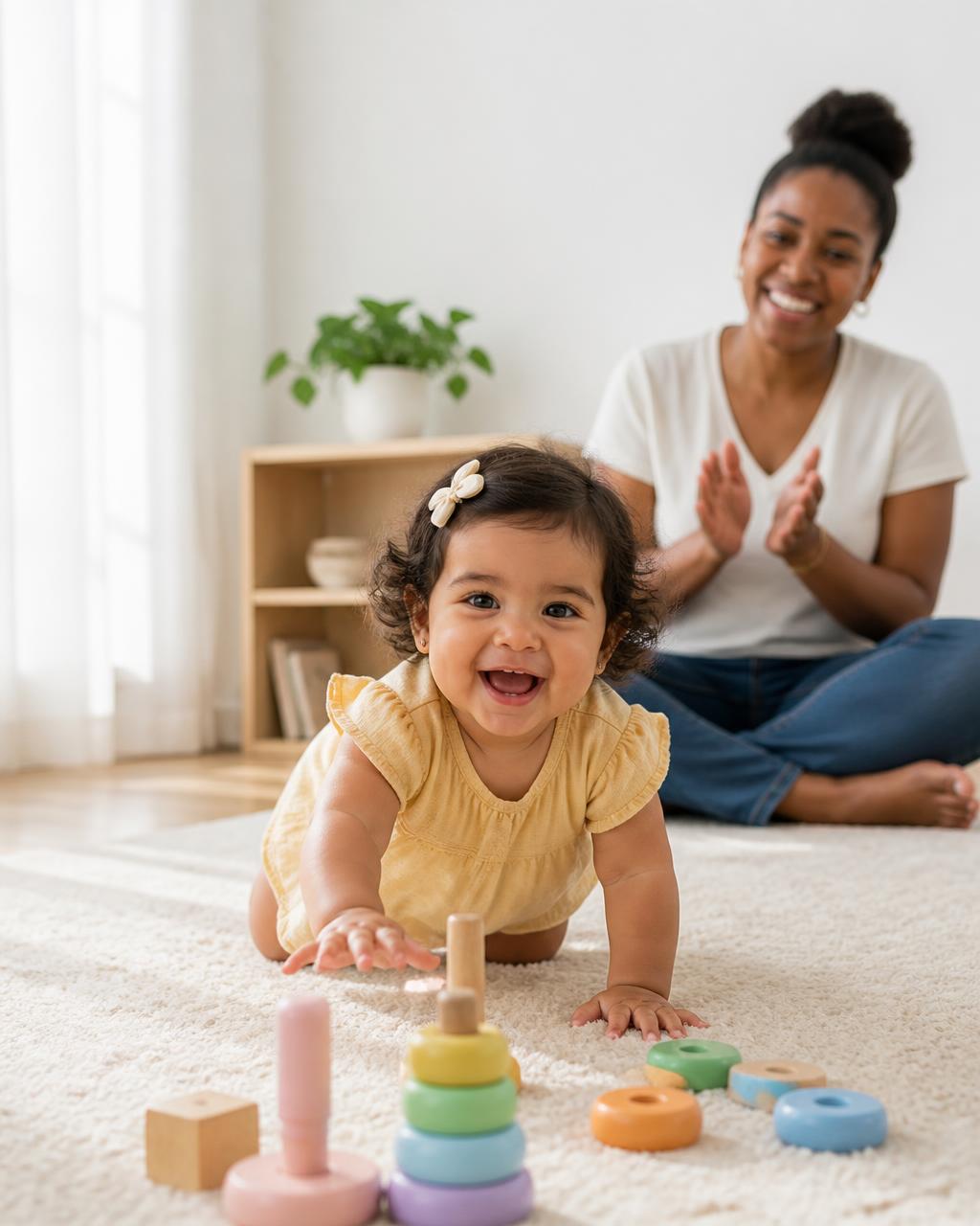 A smiling toddler crawls on a soft rug toward wooden toys while her mother sits behind her, clapping and cheering.